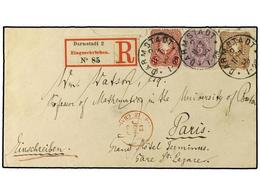 ALEMANIA. 1889. Registered Envelope To France Bearing 5 Pf Purple (SG 40), 10 Pf Rose (SG 41) And 25 Pf Brown (SG 43) Ti - Other & Unclassified