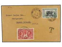 FALKLAND. 1933. FOX-BAY To CAYMAN ISLANDS. 1/2 D. Green And Black, Taxed On Arrival With Cayman 1 D. Real Stamp. - Sonstige & Ohne Zuordnung