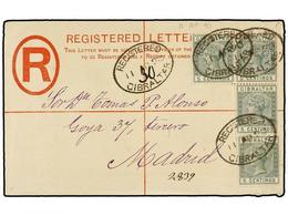 GIBRALTAR. Sg.22 (4). 1890. GIBRALTAR To MADRID. 20 Cts. Red Registered Envelope (Size F) Uprated With Four 5 Cents. Gre - Otros & Sin Clasificación