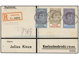 GIBRALTAR. Sg.54, 72, 73. 1910. GIBRALTAR To GERMANY. 2 Sh., 4 Sh. And 8 Sh. Very Nice Hight Franking, Arrival On Revers - Andere & Zonder Classificatie