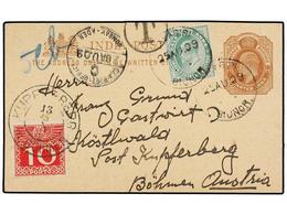 INDIA. 1909. INDIA To AUSTRIA. 1/4 An. Postal Stationery Card Uprated With 1/2 An. Stamp. Taxed On Arrival With Austrian - Other & Unclassified