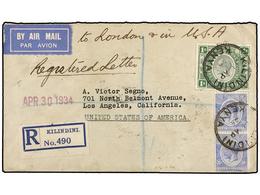 KENIA. 1934. KILINDINI To USA. AIR MAIL Cover Franked With 30 Cts. Blue (2) And 1 Sh. Green. Sent Registered. - Otros & Sin Clasificación