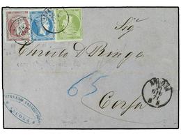 GRECIA. Yv.26,28,29. 1871. ANCONA A CORFU. Tasada Con 65 L. Pagados Con Sellos Griegos De 5 L., 20 L. Y 40 L. MUY BONITA - Otros & Sin Clasificación