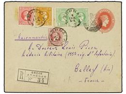 GRECIA. 1900 (Jan 8). 20l. Red On Greyish Postal Stationery Envelope Sent Registered To FRANCE, Up-rated With Small Herm - Altri & Non Classificati