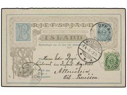 ISLANDIA. 1883. DYRAFJÖRDUR To GERMANY. Double Postal Stationary 5 Aur + 5 Aur With Updated By 5 Ore Green Stamp. Arriva - Andere & Zonder Classificatie