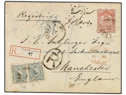 IRAN. Sc.91 (2). 1895. SULTANABAD To MANCHESTER. 16 Ch. Red Postal Stationary Envelope Uprated With Two 2 Ch. Stamps. - Altri & Non Classificati