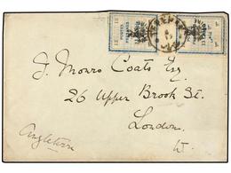 IRAN. Sc.427 (2). 1906. TEHERAN To LONDON. 13 Ch. Blue (2) Provisional Stamps. - Andere & Zonder Classificatie