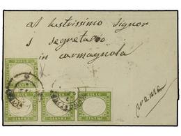 ITALIA ANTIGUOS ESTADOS: CERDEÑA. Sa.13Bb(4). 1860 (7-Oct.). MONCALIERI A CARMAGNOLA. 5 Cts. Verde, Tira Irregular De Cu - Sonstige & Ohne Zuordnung