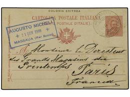 ERITREA. 1900 (Jan 21). Italy 10c. Lake Postal Stationery Card Used From Massaua To Paris With Framed Cachet Of Sender I - Otros & Sin Clasificación