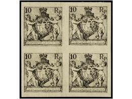 (*) LIECHTENSTEIN. Mi.48/50 (4) PK. 1921. THREE Imperforate PROOFS In Block Of Four. 5 Rp., 7 1/2 Rp. And 10 Rp. In Blac - Otros & Sin Clasificación