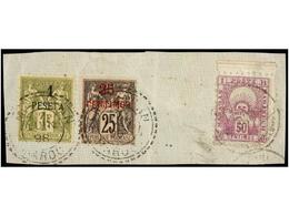 MARRUECOS: CORREO LOCAL. Yv.50. Fragmento Con Sello Local De 50 Cts. Lila Mixto Con Sellos Del Correo Francés De 25 Cts. - Andere & Zonder Classificatie