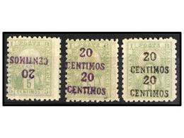 * MARRUECOS: CORREO LOCAL. Yv.52. 20 Céntimos S. 5 Cts. Verde. 3 Sellos, Sobrecargas DOBLE, INVERTIDA Y DOBLE En Color N - Other & Unclassified