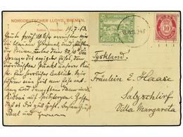NORUEGA. 1913. Picture Postcard To Germany Franked 5 Ore Local (man Shooting Polar Bear) Cancelled Cds + 10 Ore 'posthor - Otros & Sin Clasificación