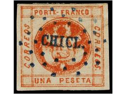 ° PERU. Sc.8. 1858. 1 Peseta Rojo, Mat. CÍRCULO DE PUNTOS De CHICLAYO En Azul. PRECIOSO. - Andere & Zonder Classificatie