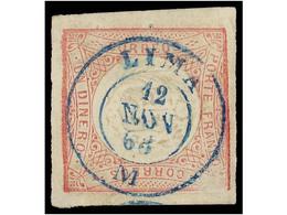 ° PERU. Sa.12. 1862. 1 Dinero Rojo, Mat. Fechador LIMA/M En Azul. PRECIOSO. - Andere & Zonder Classificatie