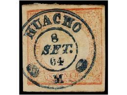 ° PERU. Sc.12. 1862. 1 Dinero Rojo, Mat. FECHADOR Adornado De HUACHO En Azul. PRECIOSO. - Otros & Sin Clasificación