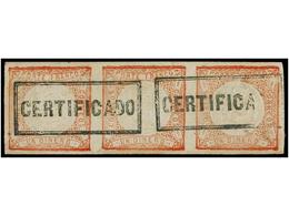 ° PERU. Sc.12. 1862. 1 Dinero Rojo. Tira De Tres, Mat. CERTIFICADO. PRECIOSA. - Other & Unclassified