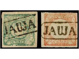 ° PERU. Sc.12, 14. 1862-68. 1 Dinero Rojo Y 1 Dinero Verde, Mat. Lineal JAUJA En Negro. PRECIOSOS. - Andere & Zonder Classificatie