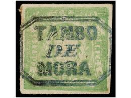 ° PERU. Sc.14. 1868. 1 Dinero Verde, Mat. TAMBO/DE/MORA En Azul. PRECIOSO Y RARO. (Lamy 60 P.). - Sonstige & Ohne Zuordnung