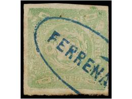 ° PERU. Sc.14. 1868. 1 Dinero Verde, Mat. Ovalado FERRENAFE En Azul. PRECIOSO Y MUY RARO. (Lamy 65p.). - Other & Unclassified