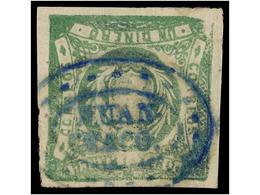 ° PERU. Sc.14. 1868. 1 Dinero Verde, Mat. Ovalado HUAN-CHACO En Azul. MUY BONITO Y RARO. (Lamy 50p.). - Other & Unclassified