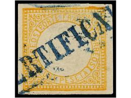 ° PERU. Sc.15. 1872. 1 Peseta Amarillo, Mat. Lineal CERTIFICADO En Azul. PRECIOSO. - Other & Unclassified