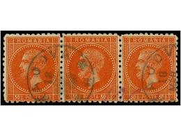 ° RUMANIA. Mi.47 (3). 1876. 30 Bani Orange, Strip Of Three, Fine Used. Scarce Multiple. Michel.+180€. - Sonstige & Ohne Zuordnung