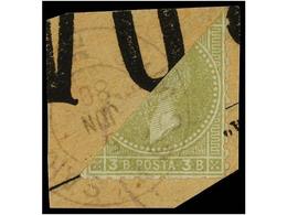 RUMANIA. Mi.49. 1880. 3 Bani Olivegreem Bisected On Piece Of Newspaper, Paying The 1 1/2 Bani Rate. Rare. - Otros & Sin Clasificación