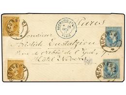 RUMANIA. 1877. BUCAREST To PARIS. 5 B. Ocre (2) And 10 B. Blue. On Front Arrival ROUMANIE-AVBIC./PARIS Cds. - Sonstige & Ohne Zuordnung