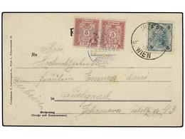 SERBIA. 1903. VIENA (Austria) A BELGRADO. Tarjeta Postal Con Sello De 5 He. Tasada A La Llegada Con Sellos Serbios De 5  - Sonstige & Ohne Zuordnung