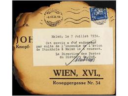 SUECIA. 1934. HELSINKI To WIEN. CRASH MAIL. Cover Crashed Flying From Stockholm To Malmo. The Cover (demaged By Fire) Wa - Otros & Sin Clasificación