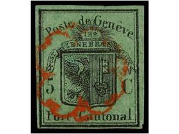 ° SUIZA. Yv.3A. 1848. 5 Cents. Black On Green Tied By Red 'rosette'. VERY FINE. Cert. E. DIENA. - Andere & Zonder Classificatie