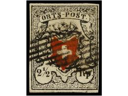 ° SUIZA. Yv.13. 1850. 2 1/2 Rp. Negro Y Rojo, Márgenes Completos. - Andere & Zonder Classificatie