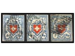 ° SUIZA. Zu.17 (3). 1851. 5 Rp. Blue And Red, Tied By BLACK GRILL. One Cert. H. RENGGLI. VERY FINE. - Sonstige & Ohne Zuordnung