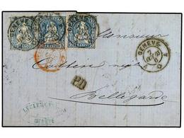 SUIZA. 1865. Entire Letter To BELLGARDE Franked By Two Shades Of 1862 10 C. Pale Blue And 2x10 C. Deep Blue Tied By GENE - Andere & Zonder Classificatie