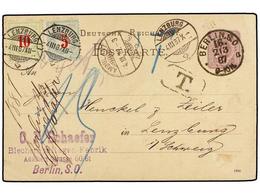 SUIZA. 1887. BERLIN To SWITZERLAND. 5 Pf. Lilac Postal Stationary Card Taxed On Arrival With Swiss 5 Cts. Blue Green + 1 - Otros & Sin Clasificación