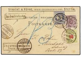 SUIZA. 1889. STETTIN A NEUCHATEL. Card Franked With 5 Pf. Lilac Stamp, Taxed On Arrival With Swiss 3 Cts. Blue And 10 Ct - Andere & Zonder Classificatie