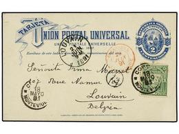 URUGUAY. 1891. MONTEVIDEO A BÉLGICA. Entero Postal De 2 Ctvos. Azul Con Franqueo Adicional De 1 Cto. Verde, Llegada En A - Otros & Sin Clasificación