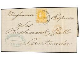 VENEZUELA. 1882. LA GUAIRA A ESPAÑA. 25 Cts. Amarillo, Al Lado Fechador Marítimo Francés LIGNE D/PAQ. FR. Nº 1. - Sonstige & Ohne Zuordnung