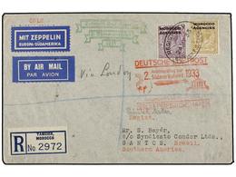 ZEPPELIN. 1933. MOROCCO. TANGIER To SANTOS (Brazil). Envelope Franked With 3 D. And 1 Sh. Stamps, Sent By GRAF ZEPPELIN  - Sonstige & Ohne Zuordnung