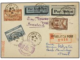 ZEPPELIN. 1933. MOROCCO. CASABLANCA To RECIFE (Brazil). Postcard Franked With 80 Cts., 1 Fr. And 10 Fr. Stamps, Sent By  - Altri & Non Classificati
