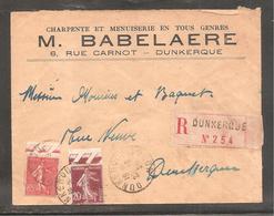 Enveloppe  RECOM   DUNKERQUE  20c Et 85c Semeuse Bord De Feuille /  Charpente Et Menuiserie - Other & Unclassified