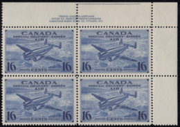 Canada 1942 MH Sc CE1 16c Trans-Canada Airplane Plate 1 Upper Right Plate Block - Lufpost-Zuschlag