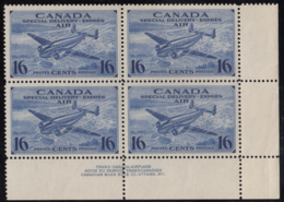 Canada 1942 MNH Sc CE1 16c Trans-Canada Airplane Plate 1 Lower Right Plate Block - Poste Aérienne: Surtaxés