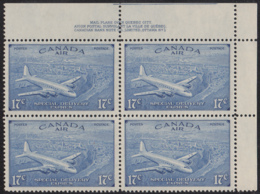 Canada 1946 MNH Sc CE3 17c D.C. 4-M Airplane Plate 1 Upper Right Plate Block - Lufpost-Zuschlag