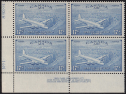 Canada 1946 MNH Sc CE3 17c D.C. 4-M Airplane Plate 1 Lower Left Plate Block - Lufpost-Zuschlag