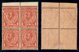 GRAN BRETAGNA - 1912 - 1 Penny Re Giorgio V (126) - Quartina Con Piega Di Carta Diagonale - Bordo Foglio - Gomma Origina - Sonstige & Ohne Zuordnung