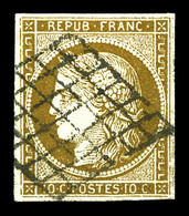 O N°1c, 10c Bistre-verdâtre Très Foncé Obl Grille, Nuance Particulièrement Exceptionnelle. TTB (signé Brun/certificat)   - 1849-1850 Ceres