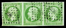 O N°12, 5c Vert En Bande De Trois Horizontale. TB  Qualité: O  Cote: 400 Euros - 1853-1860 Napoleone III