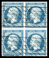 O N°15, 25c Bleu En Bloc De Quatre Obl Grille Sans Fin. TTB (signé Calves/certificat)  Qualité: O  Cote: 2750 Euros - 1853-1860 Napoleon III